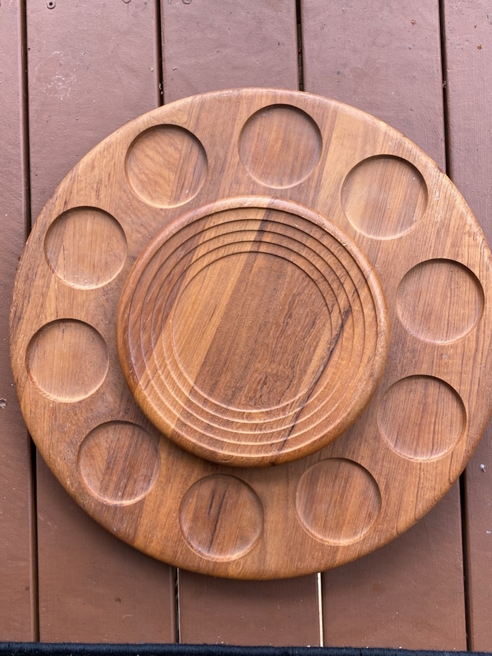 Wooden lazy Susan Serving Platter with Round Wells - wood Brown